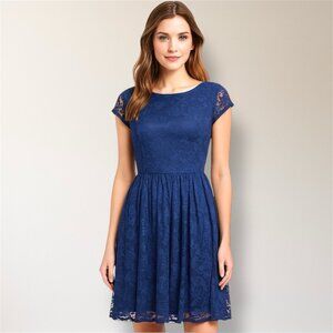 New‎ BeryLove M Navy Blue Lace Overlay Dress Fit Flare Cocktail Wedding Guest